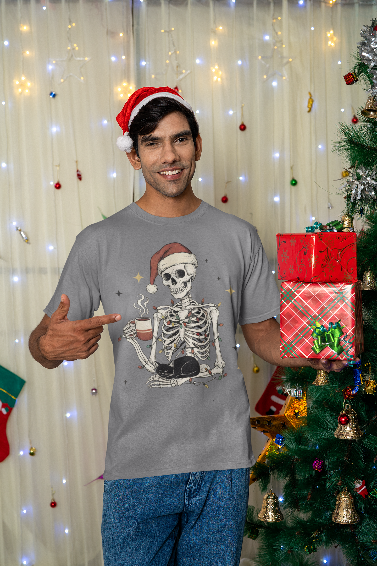 Skeleton Christmas Shirt – Spooky Holiday Shirt with Santa Hat, Coffee, Black Cat & Lights | Funny Cozy Gothic Christmas Tee