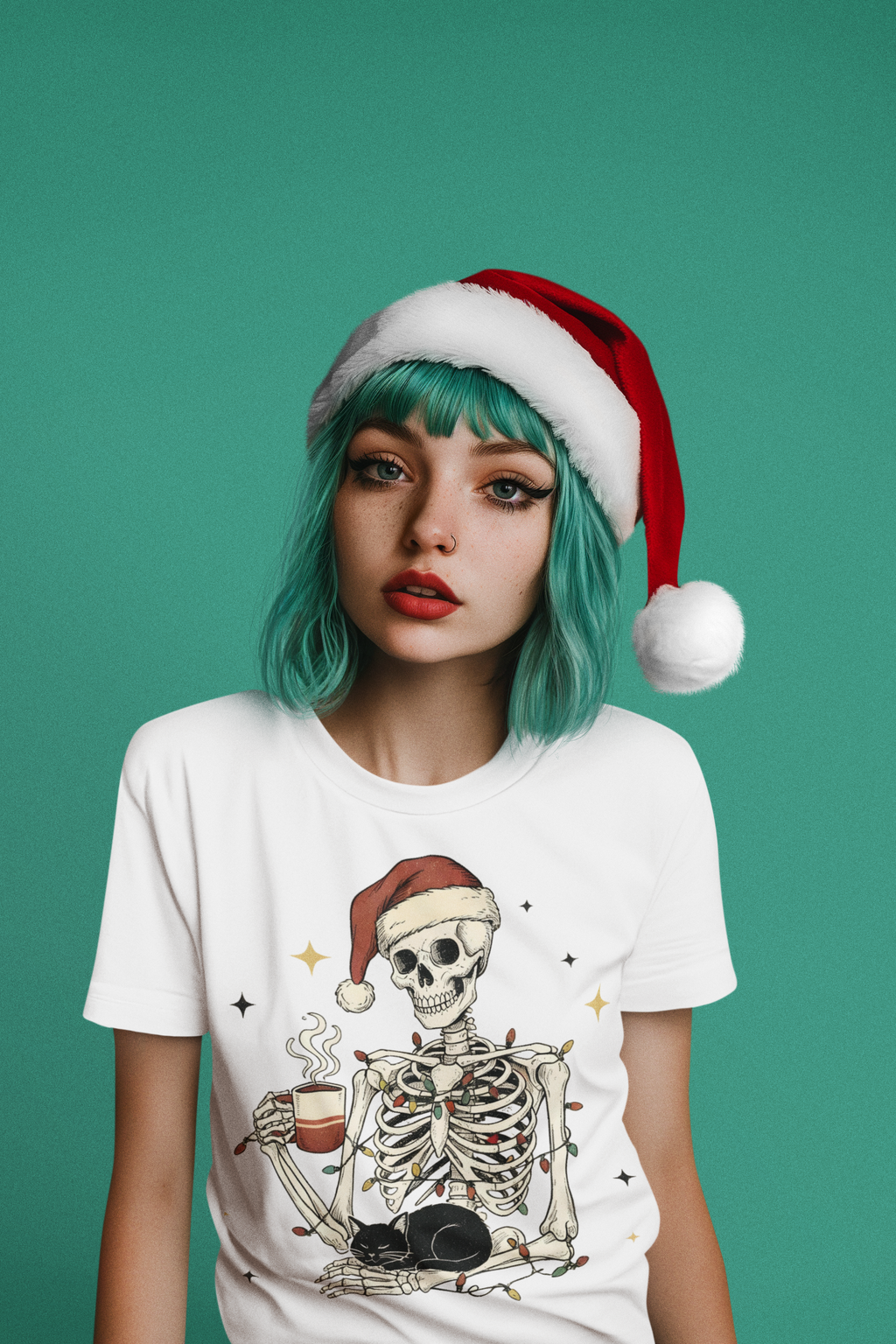 Skeleton Christmas Shirt – Spooky Holiday Shirt with Santa Hat, Coffee, Black Cat & Lights | Funny Cozy Gothic Christmas Tee
