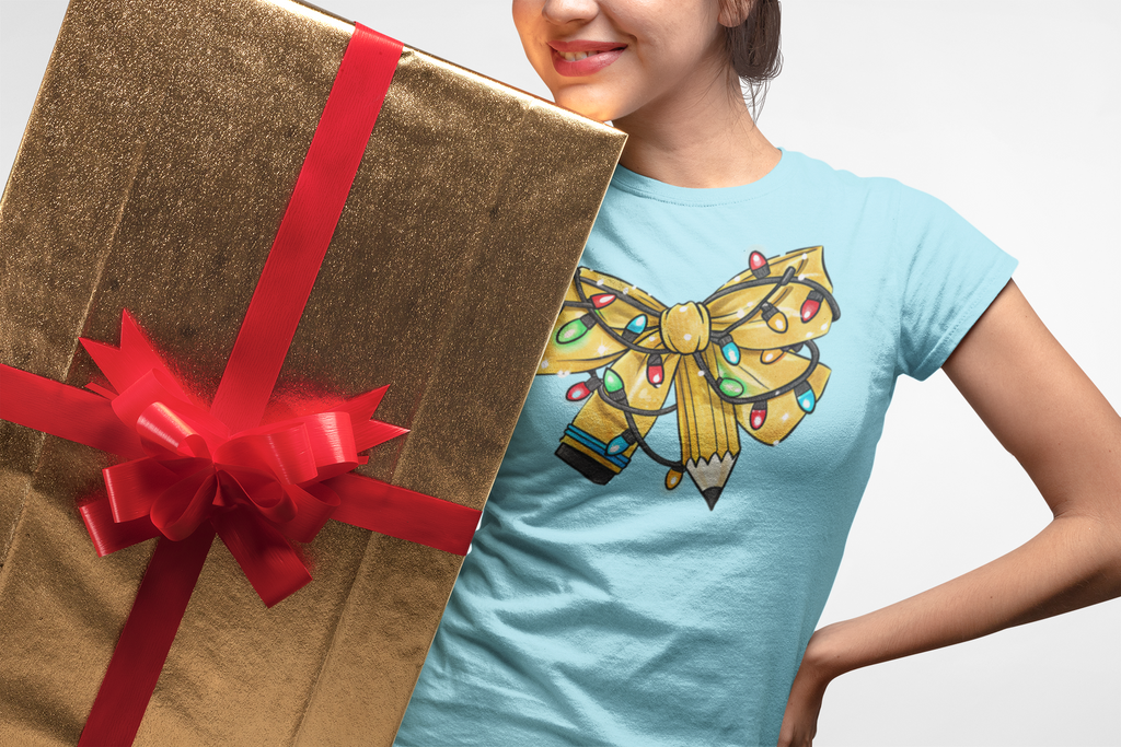 Teacher Christmas Bow T-Shirt – Cute Holiday Coquette Style
