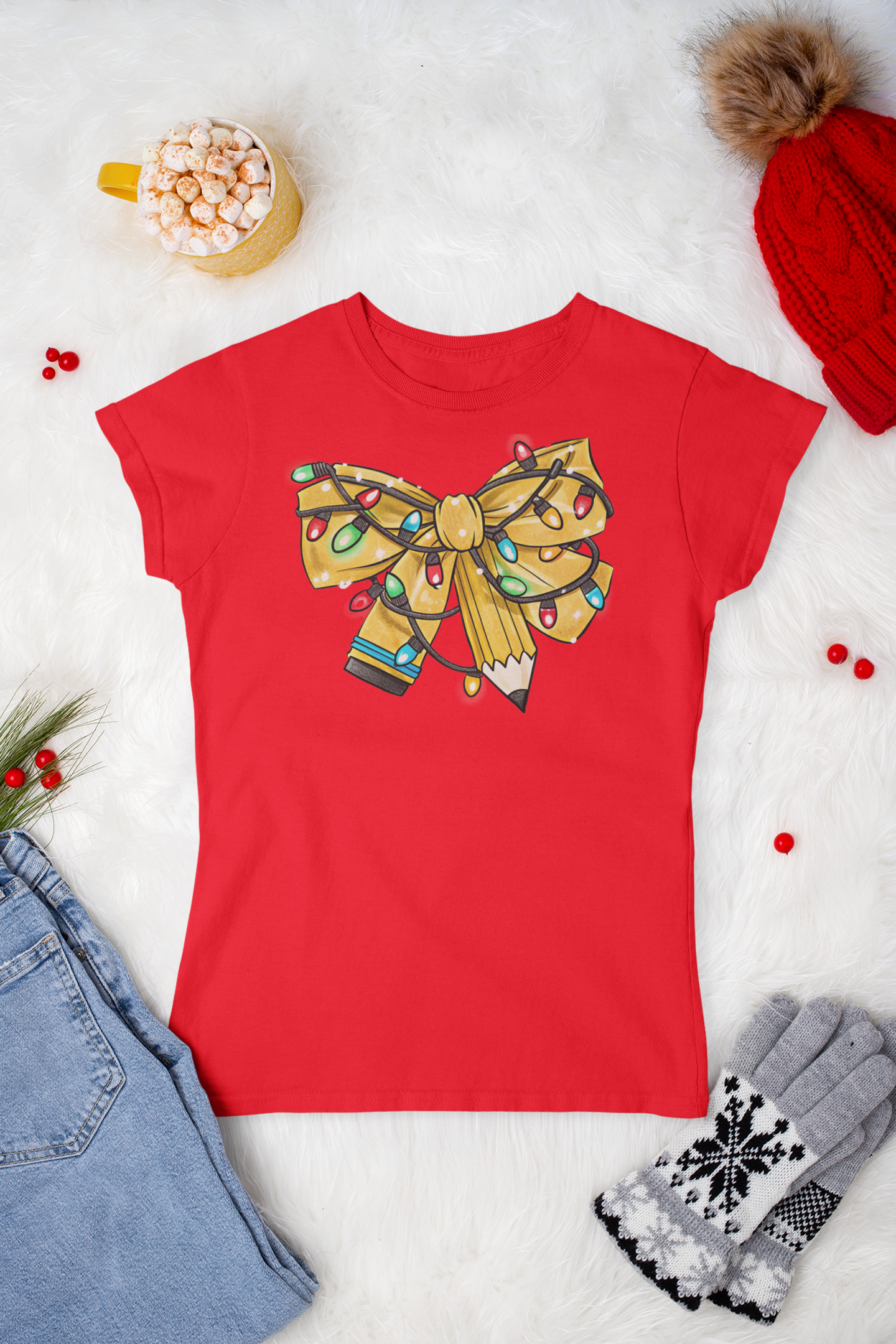 Teacher Christmas Bow T-Shirt – Cute Holiday Coquette Style