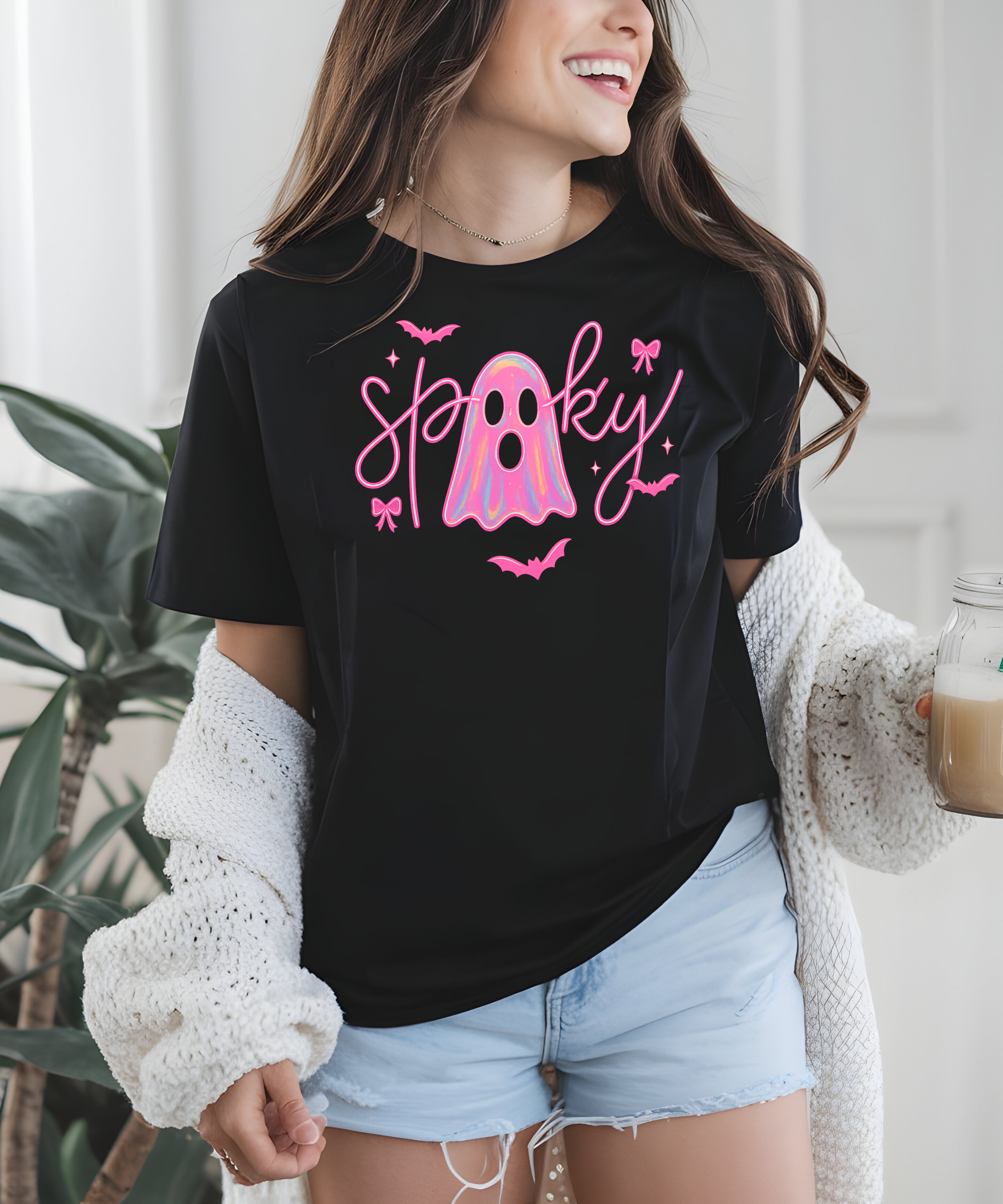 Pink Neon Spooky Ghost T-Shirt – Cute Halloween Tee