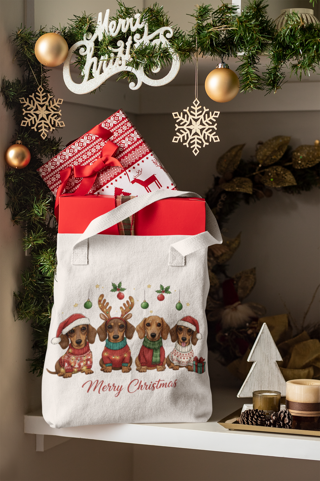 Dachshund Christmas Tote – Canvas Bag with Cute Holiday Dog Design
