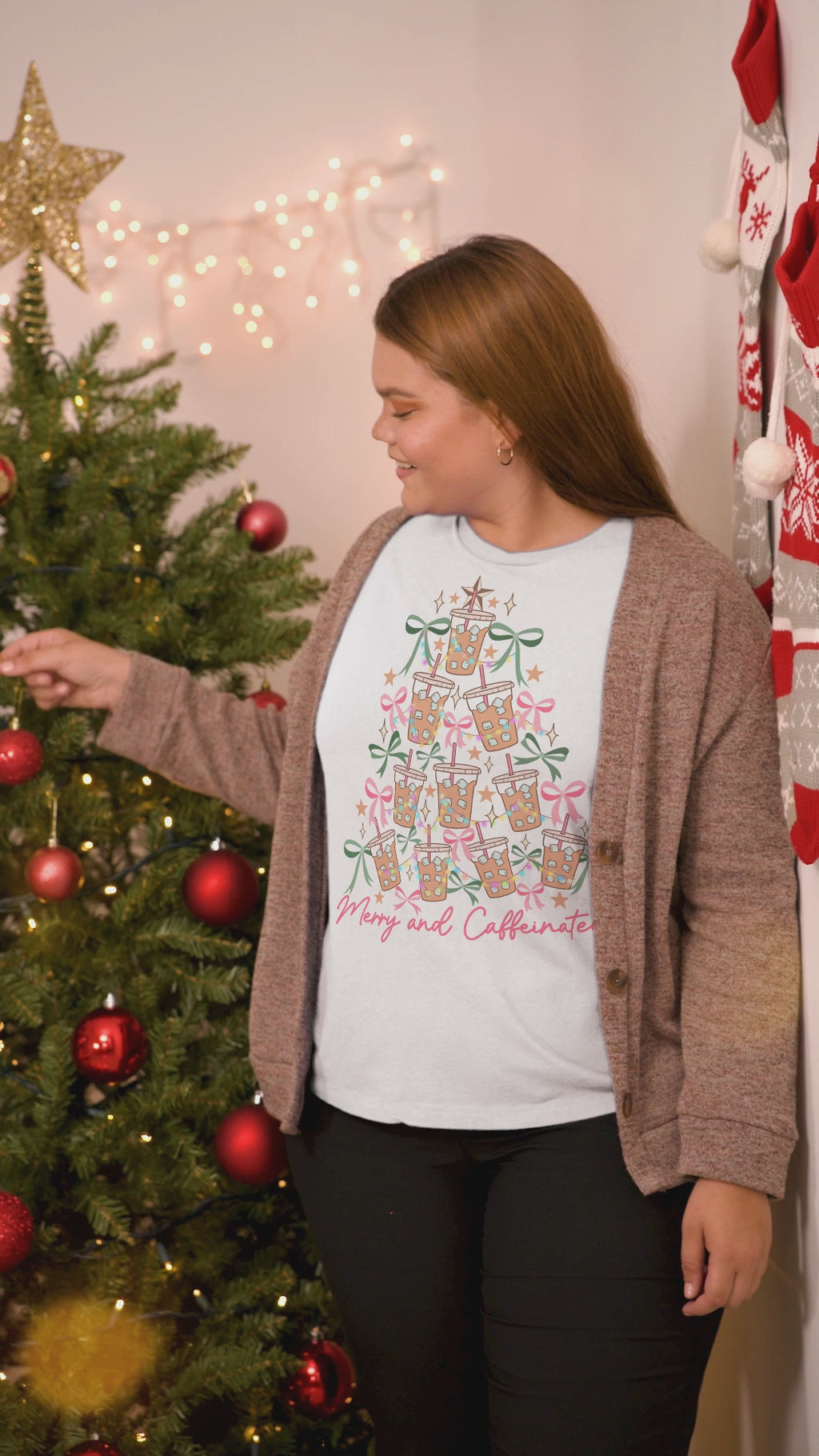 Merry and Caffeinated Shirt – Iced Coffee Christmas Tree Tee, Funny Holiday Shirt for Coffee Lovers, Festive Barista Gift